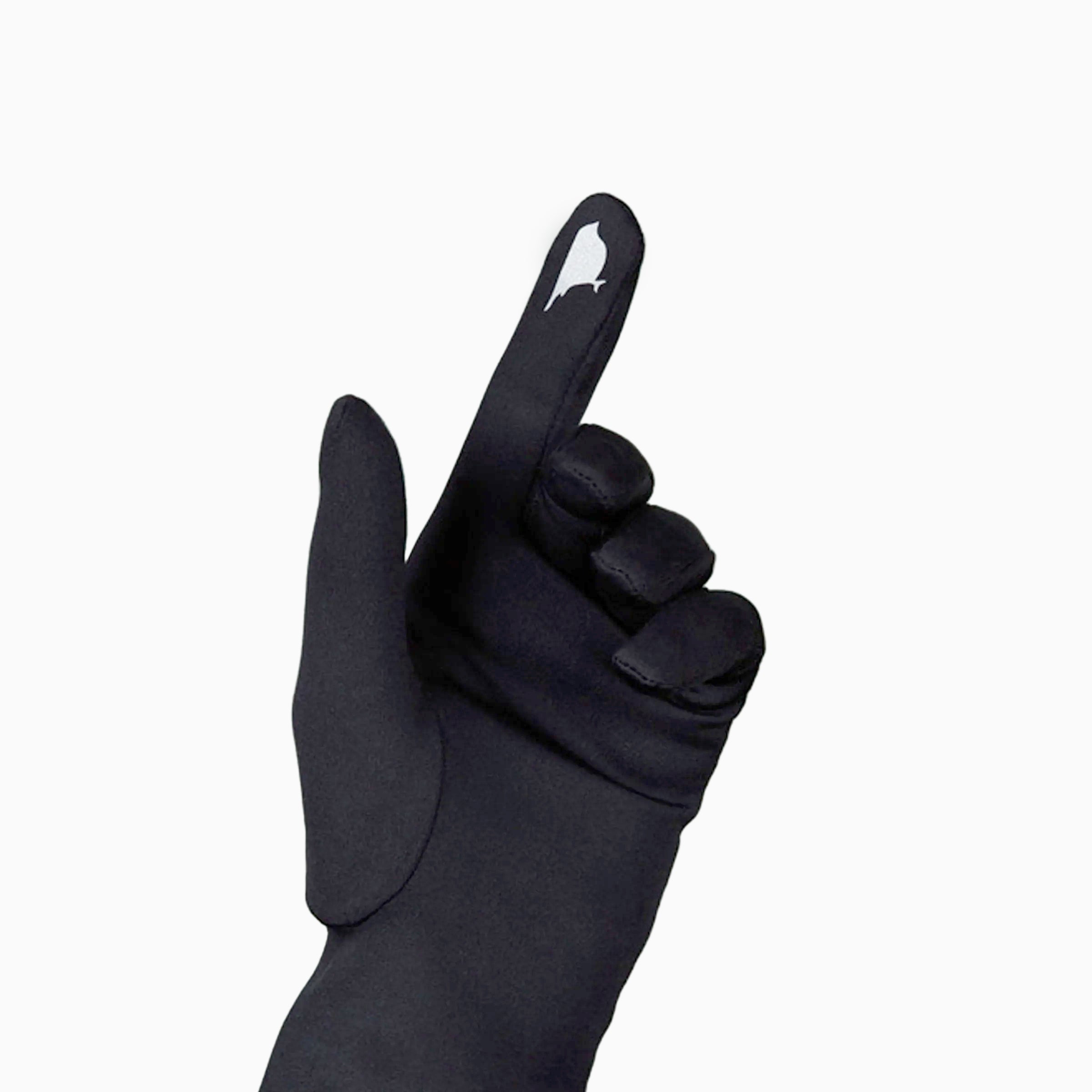 Women’s black touchscreen gloves with technology friendly index finger.