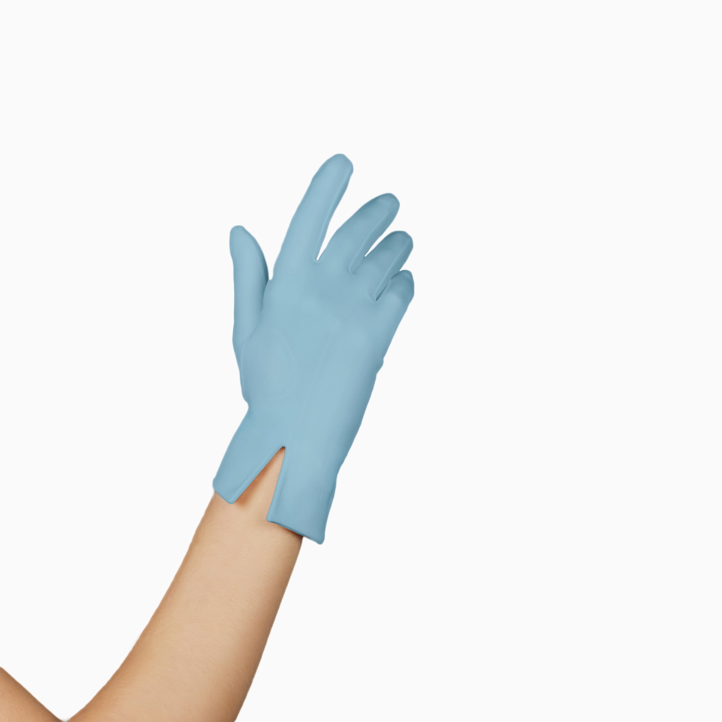 THE ISABELLE wrist length light blue gloves for women.