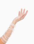 Woman's hand wearing elbow length ruched tulle white gloves.