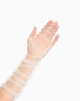 Woman's hand wearing elbow length ruched tulle white gloves.