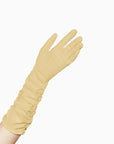 Stephanie, elbow length long gloves in yellow with an open palm.