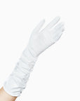 Open palm of THE STEPHANIE long elbow glove in white.