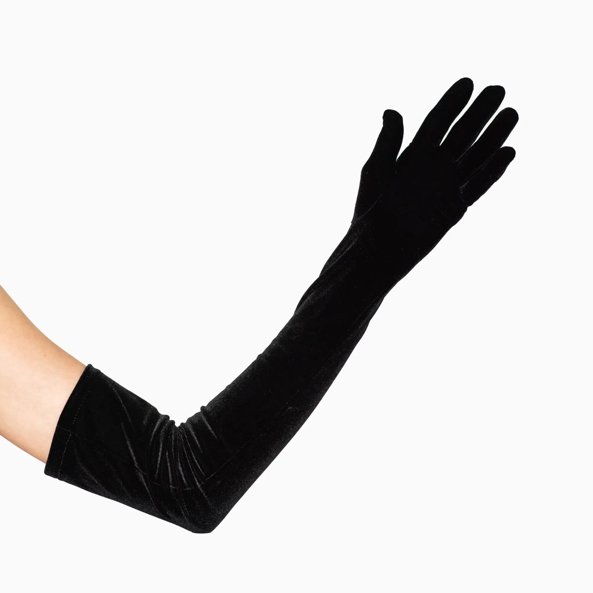 Womens' black velvet opera over the elbow gloves.