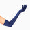 Hand wearing over the elbow blue opera womens glove.