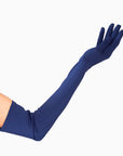 Hand wearing over the elbow blue opera womens glove.
