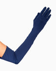 Hand wearing over the elbow blue opera womens glove.
