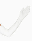 Woman's hand wearing a white over the elbow, traditional opera glove.