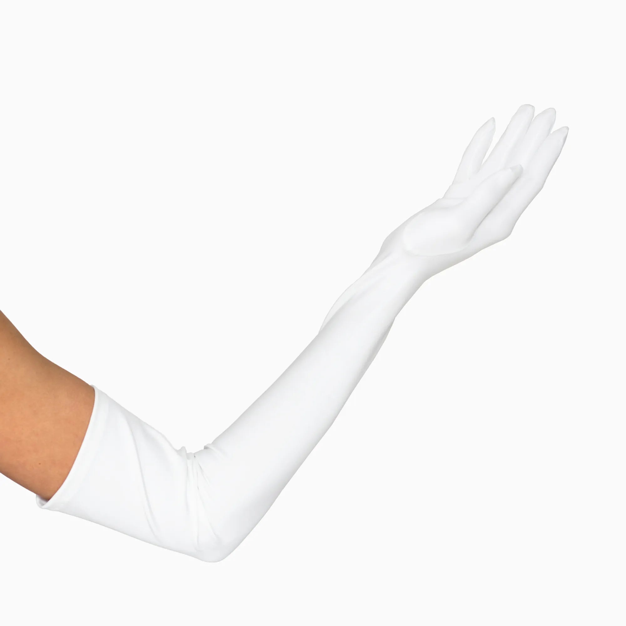 Woman's hand wearing a white over the elbow, traditional opera glove.
