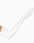 Woman's hand wearing a white over the elbow, traditional opera glove.