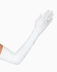 A single arm adorned with THE SUNNY - White Opera Gloves by LadyFinch against a white background, perfect for bridal parties.