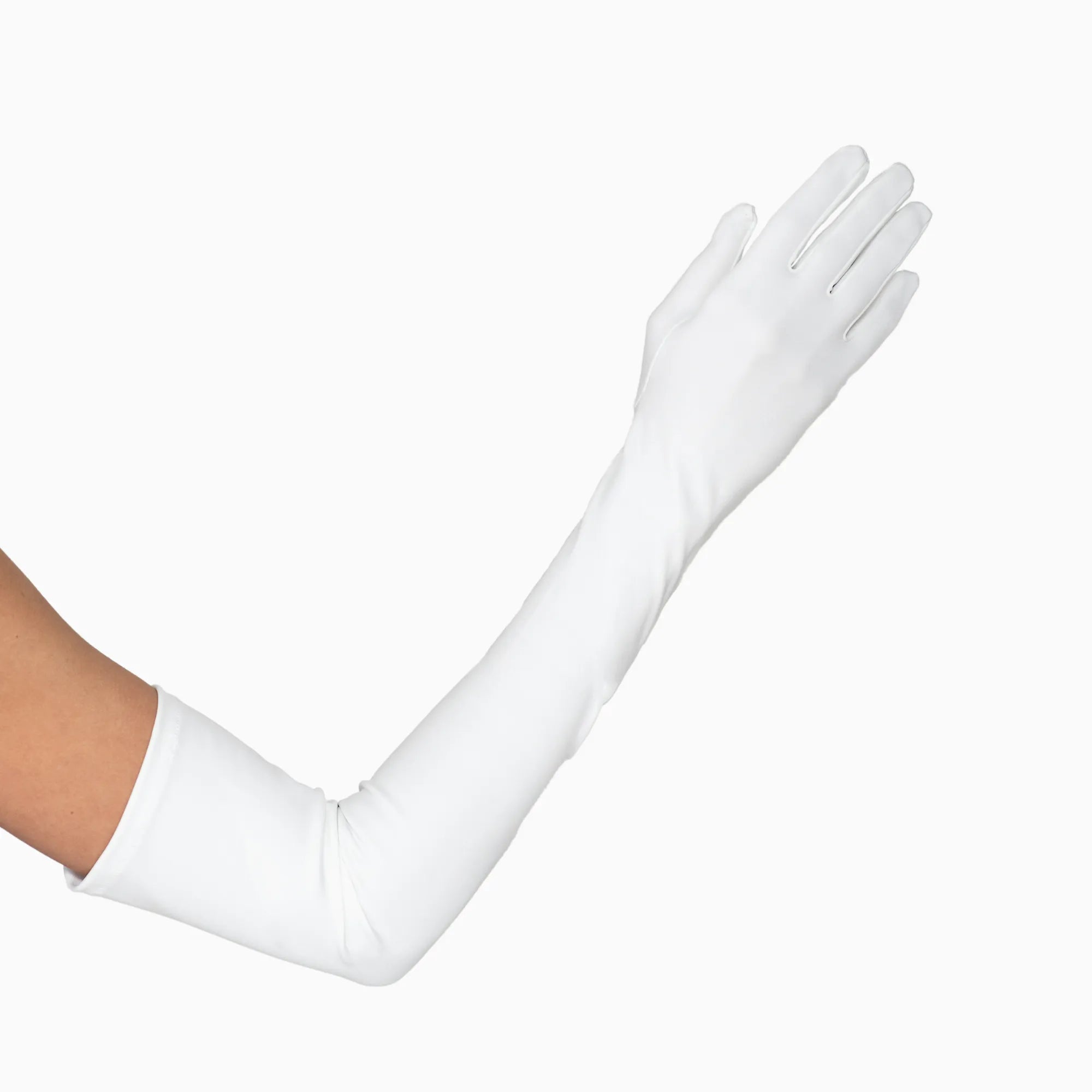Woman's hand wearing a white over the elbow, traditional opera glove.