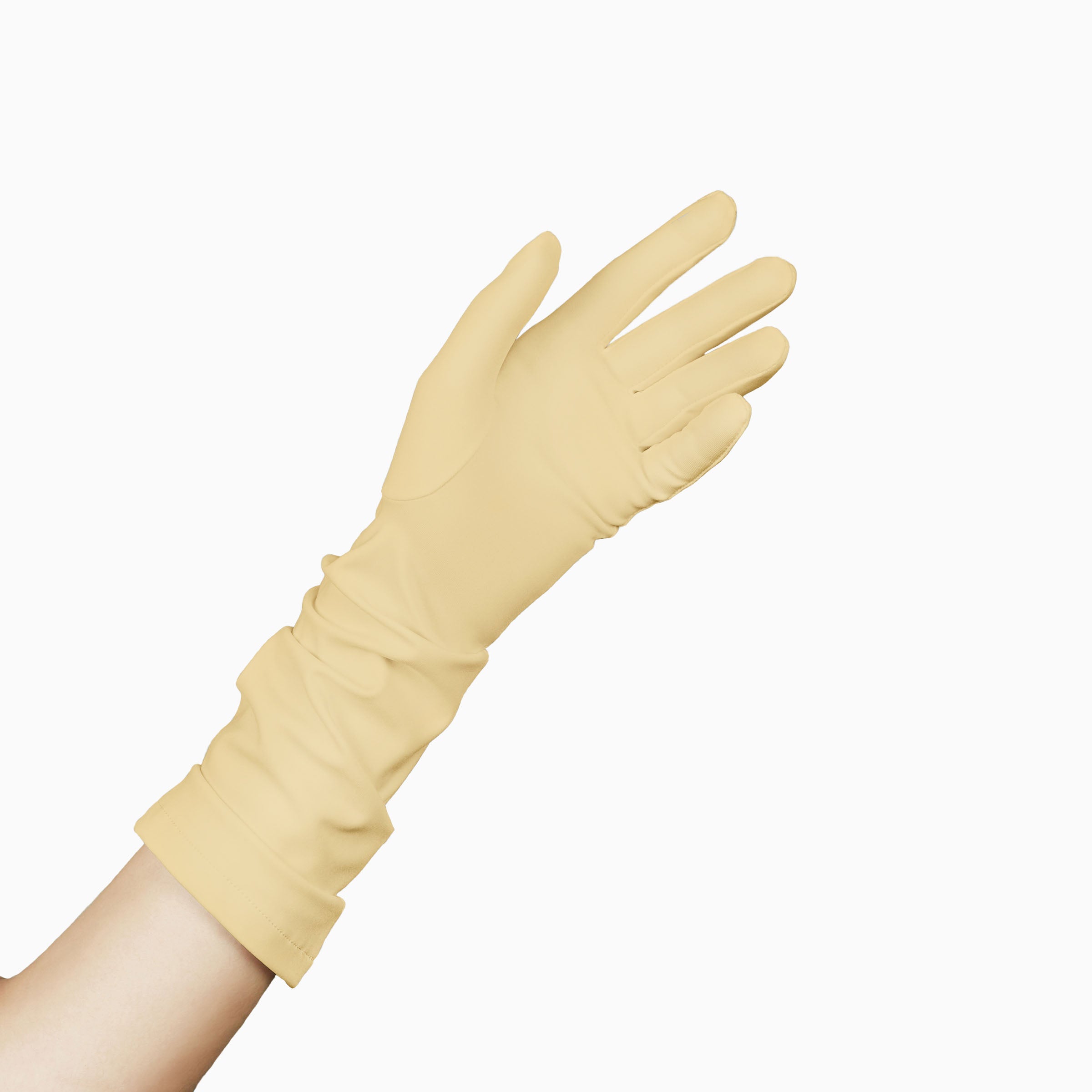 An elegant woman donning a pair of LadyFinch - THE JILL Yellow Mid Length Glove.