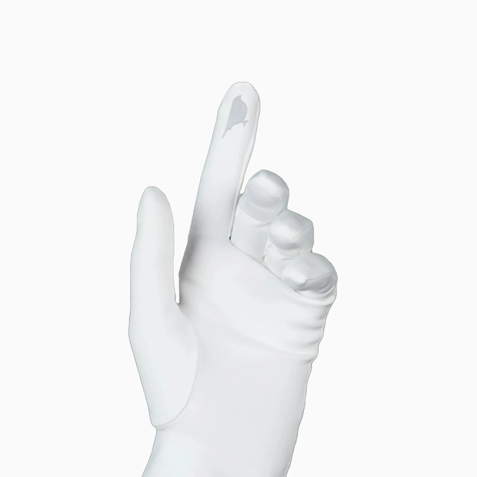Over the elbow, opera white gloves with touchscreen technology friendly index finger.