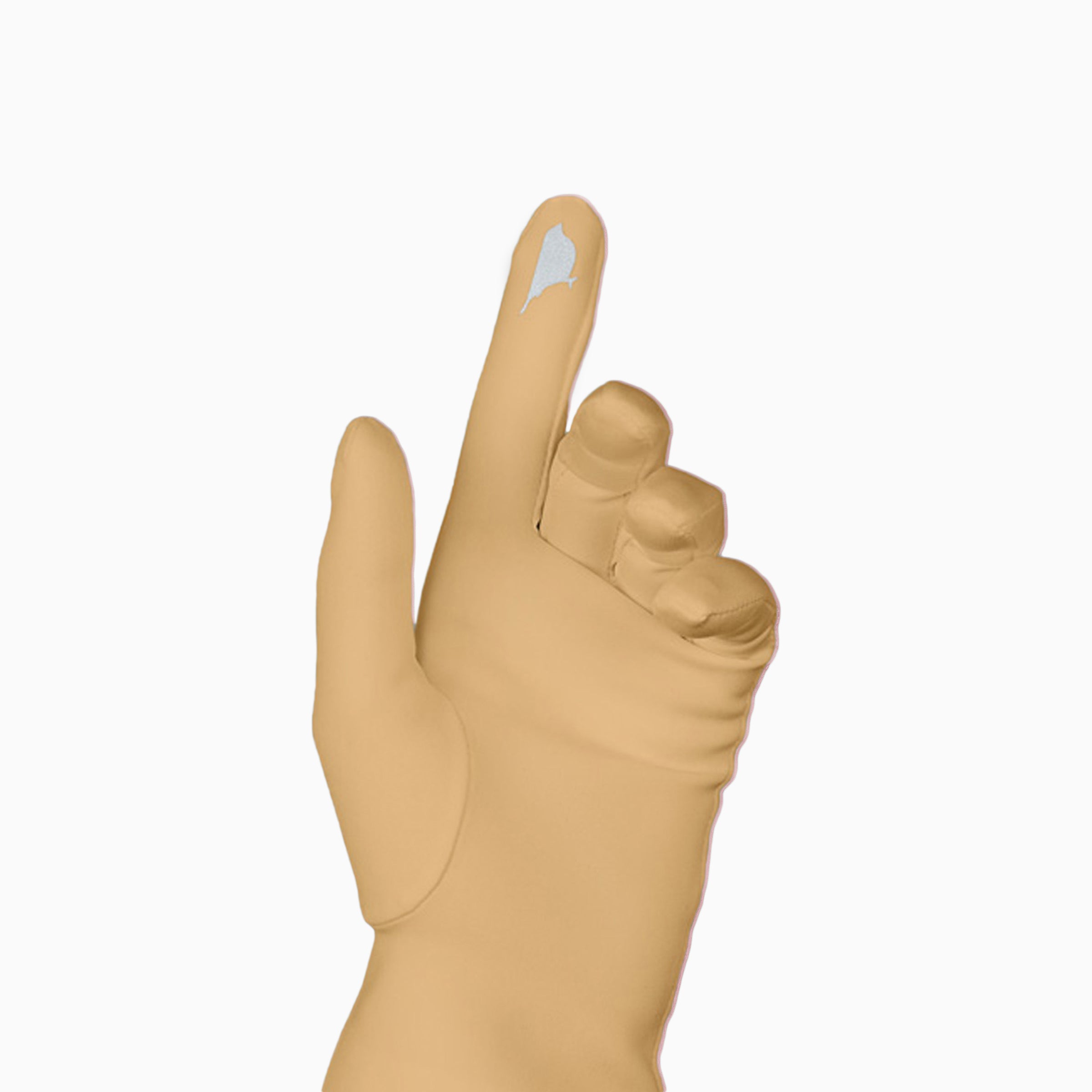 A minimalist 3d model of an elegant hand with a finger up, wearing THE JILL - Beige Mid Length Glove by LadyFinch. The hand has a pale complexion.