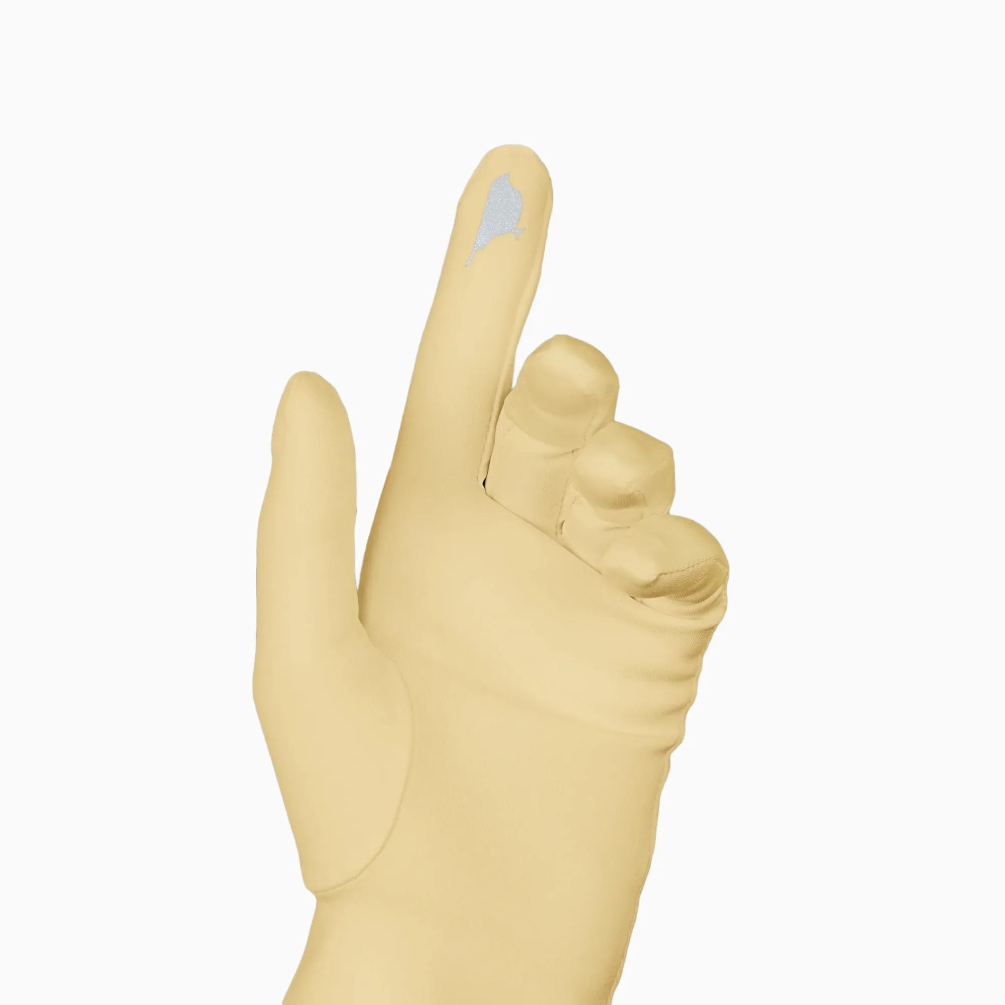 Touch screen, elbow length gloves in yellow with tech friendly index finger.