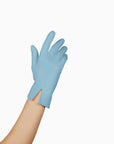 THE ISABELLE wrist length light blue gloves for women.