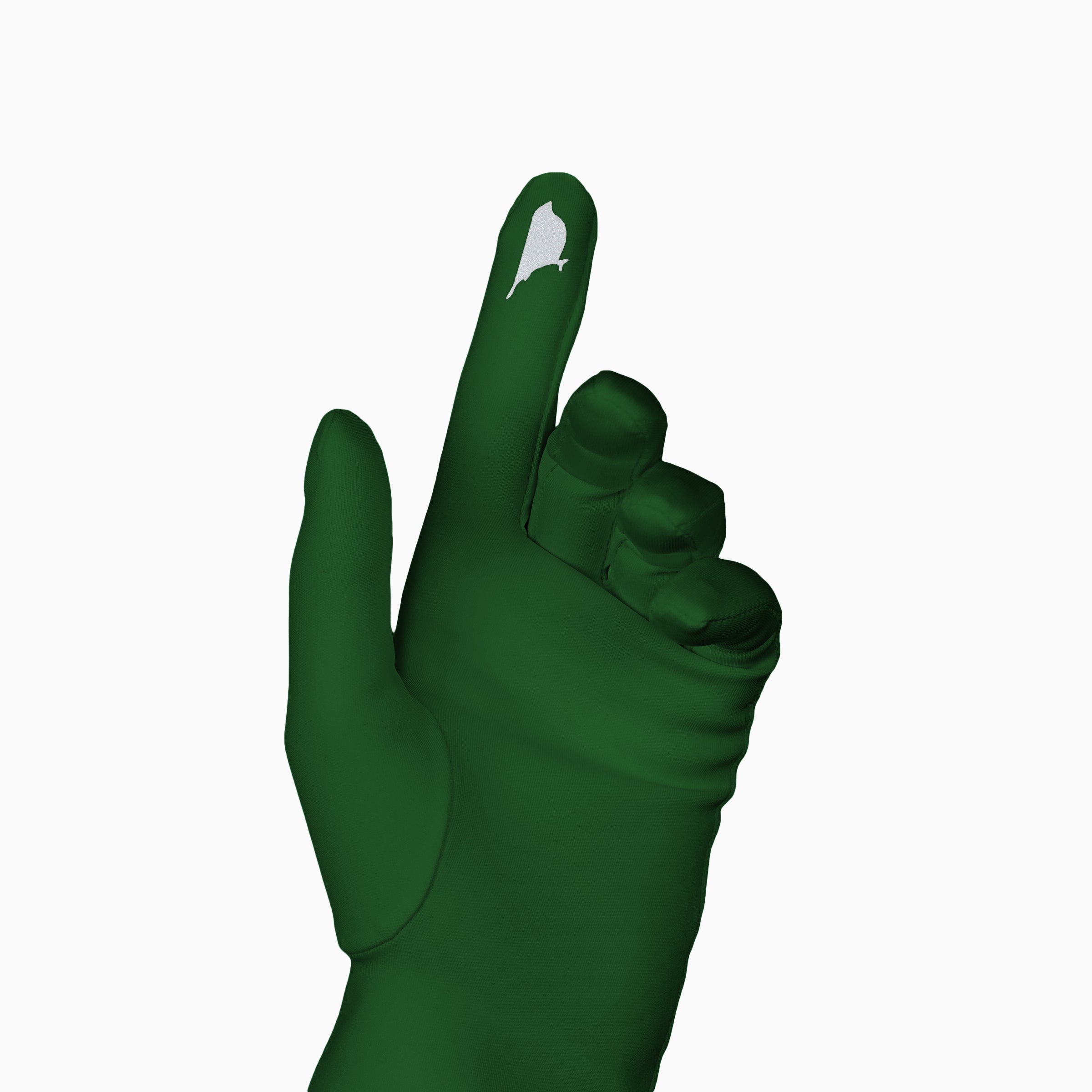 A 3d model of THE ISABELLE - Green Day Glove - Holiday Edition by LadyFinch with touchscreen index fingers pointing at a white background.