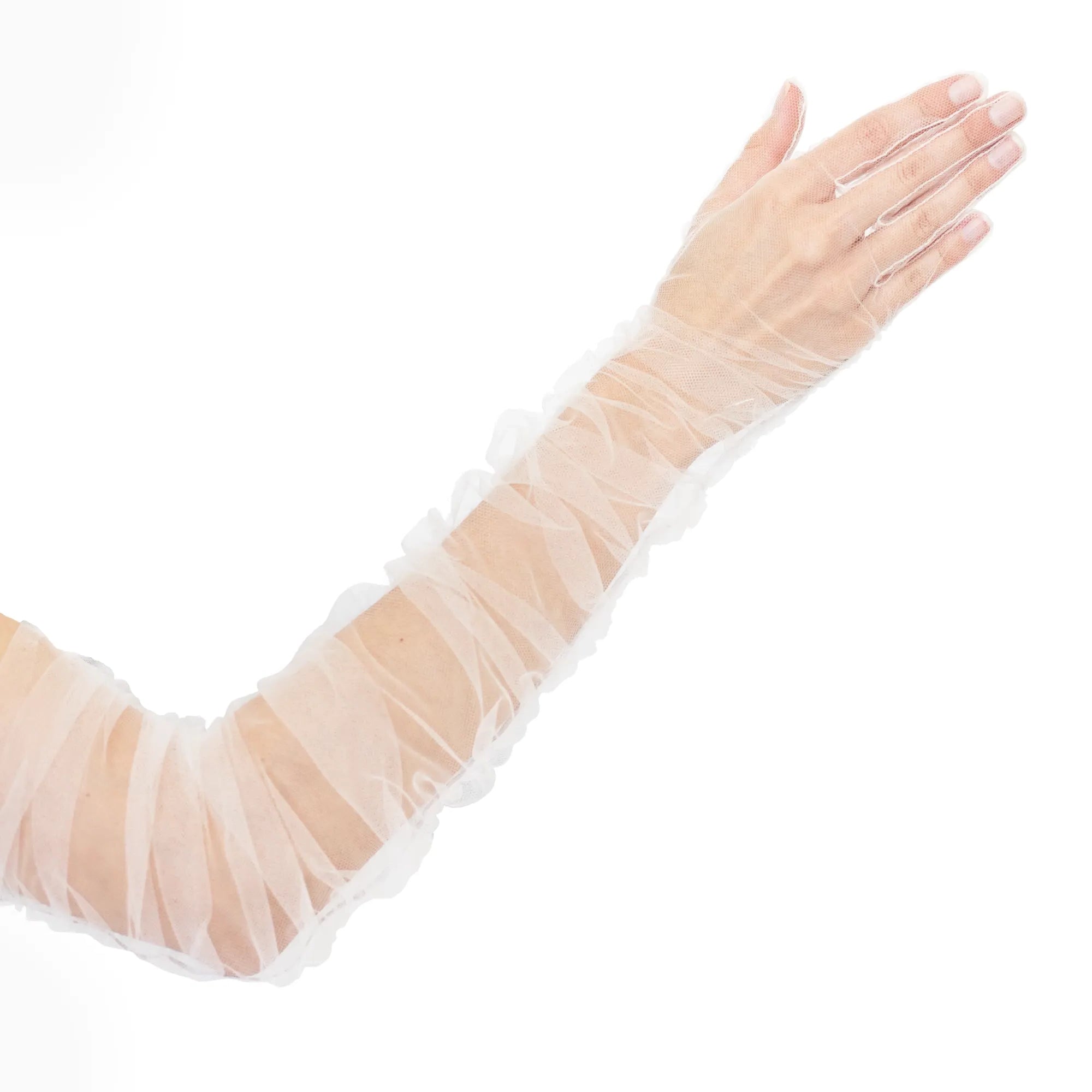 A person's arm is extended with a sheer, ruffled, white fabric sleeve covering it from wrist to upper arm, resembling the elegance of THE KATHERINE - Opera Length Ruched White Tulle Gloves by LadyFinch.