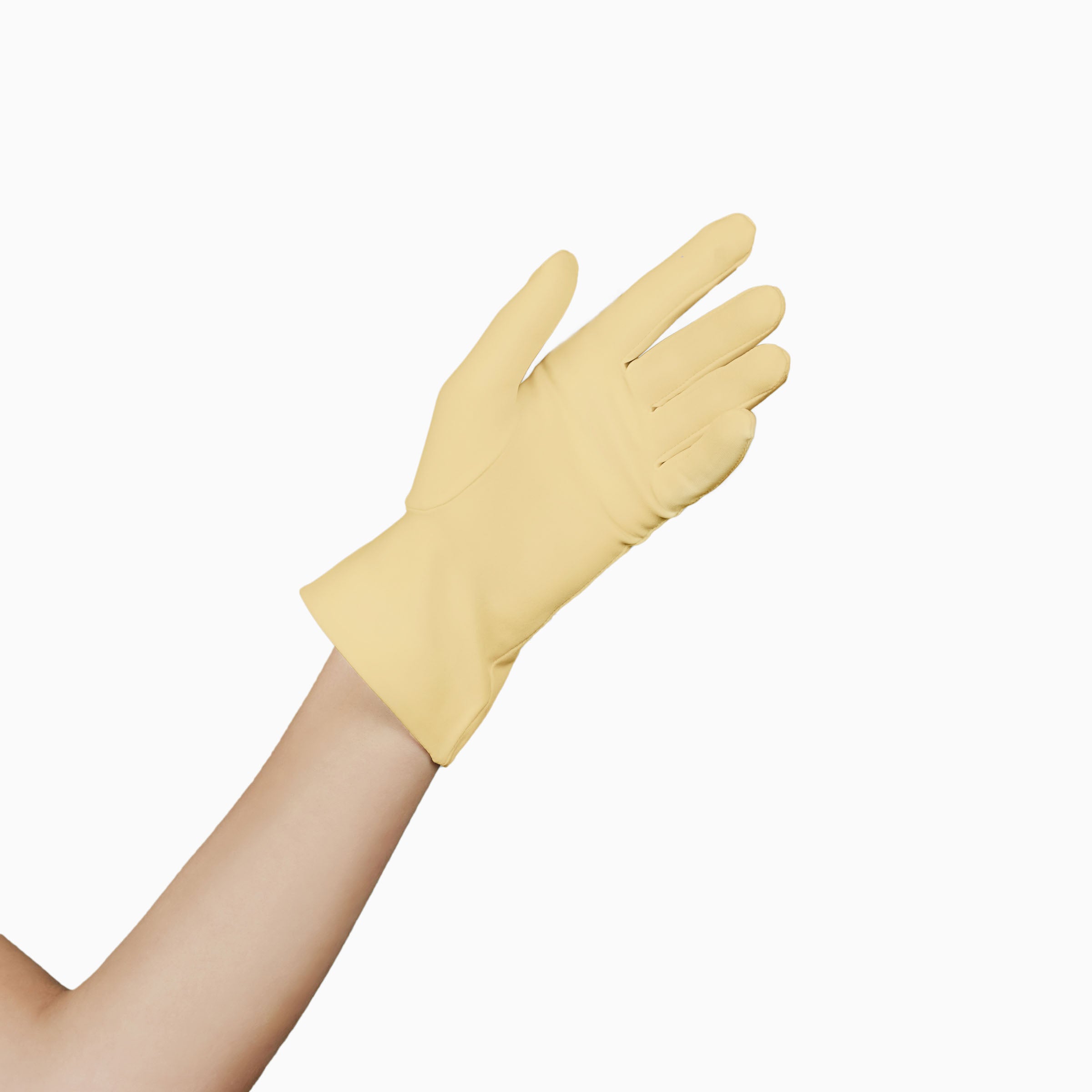 THE ISABELLE wrist dress day glove in yellow showing open palm.