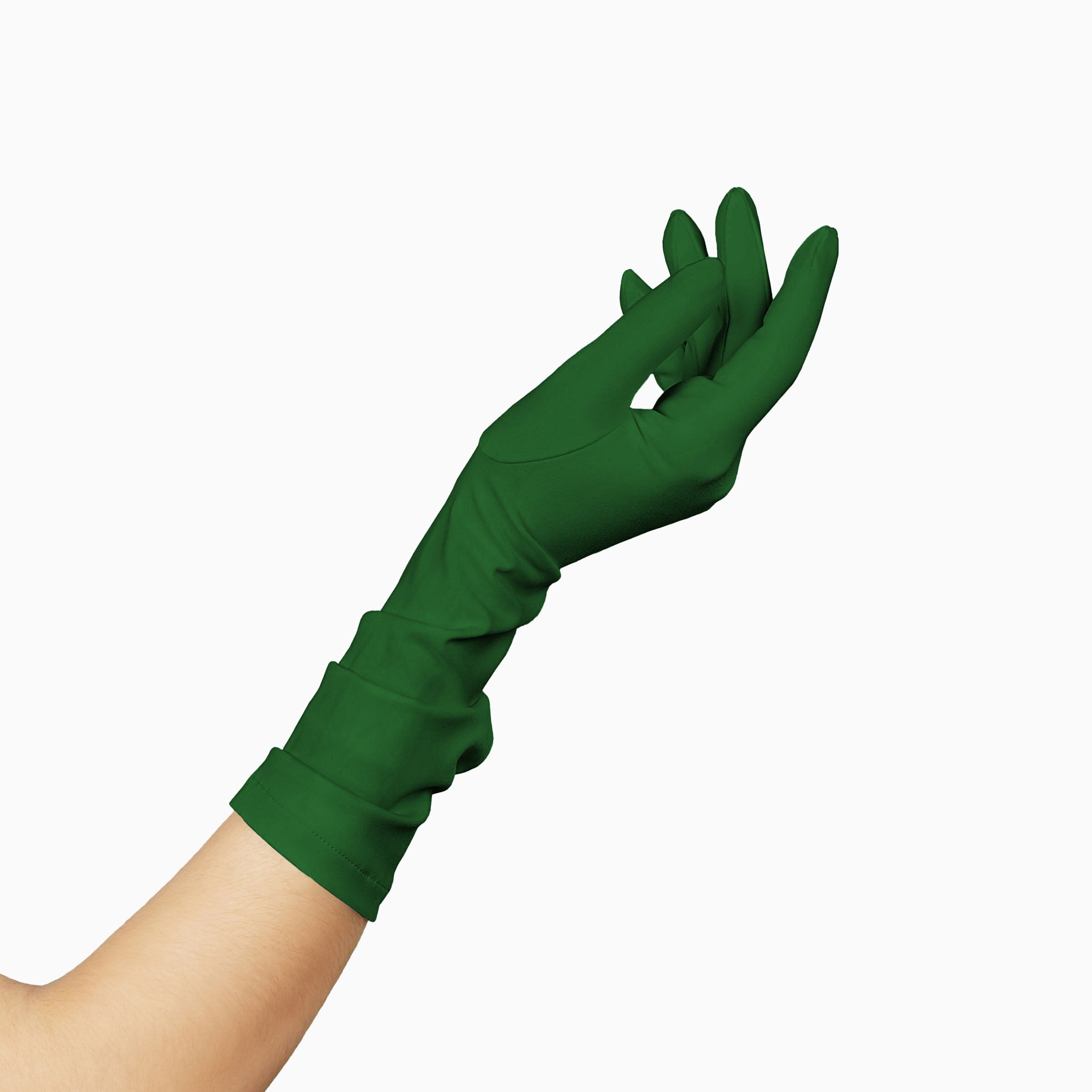 An elegant woman donning a pair of THE JILL - Green Mid Length Glove - Holiday Edition latex gloves by LadyFinch.