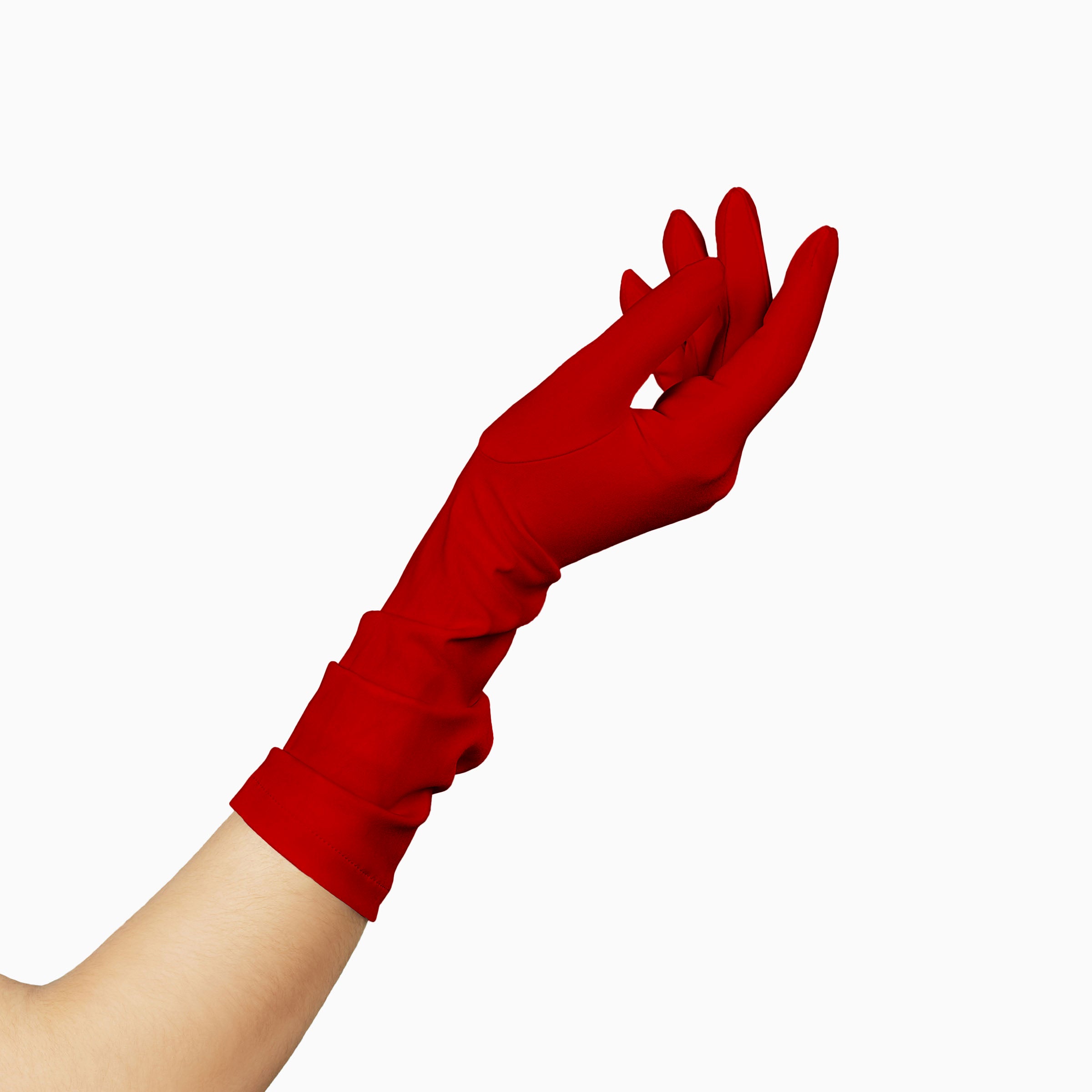 A woman&#39;s hand in THE JILL - Red Mid Length Glove - Holiday Edition gloves by LadyFinch, machine-washable and ruched.