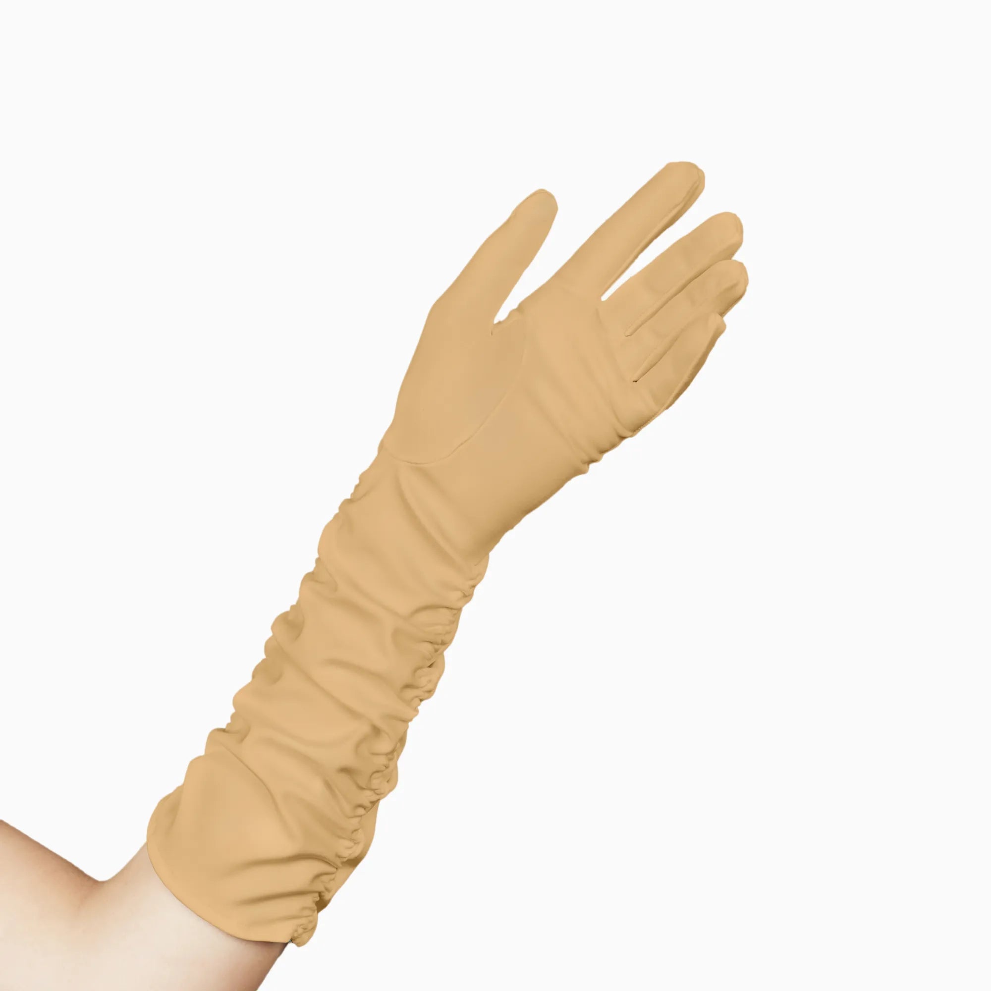 Elbow length, long, formal, ruched, beige gloves, with an open Palm.