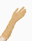 Elbow length, long, formal, ruched, beige gloves, with an open Palm.