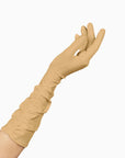 The Stephanie elbow length, long, beige gloves.