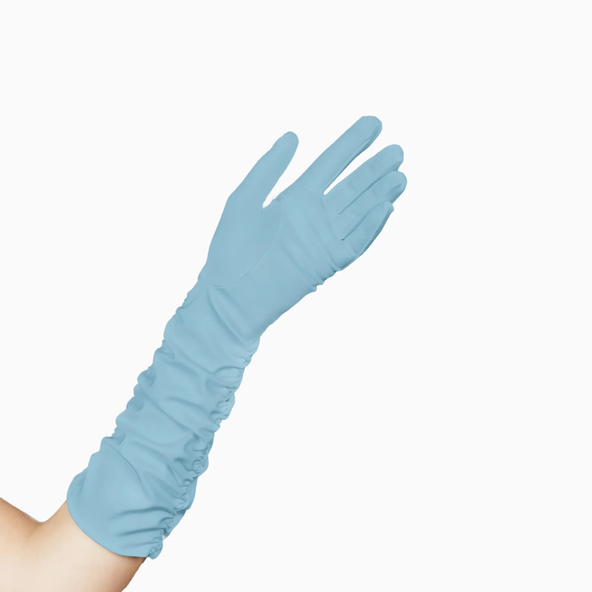 A woman wearing long elbow length, light blue gloves with an open palm.