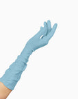 The Stephanie, long elbow length, light blue gloves.