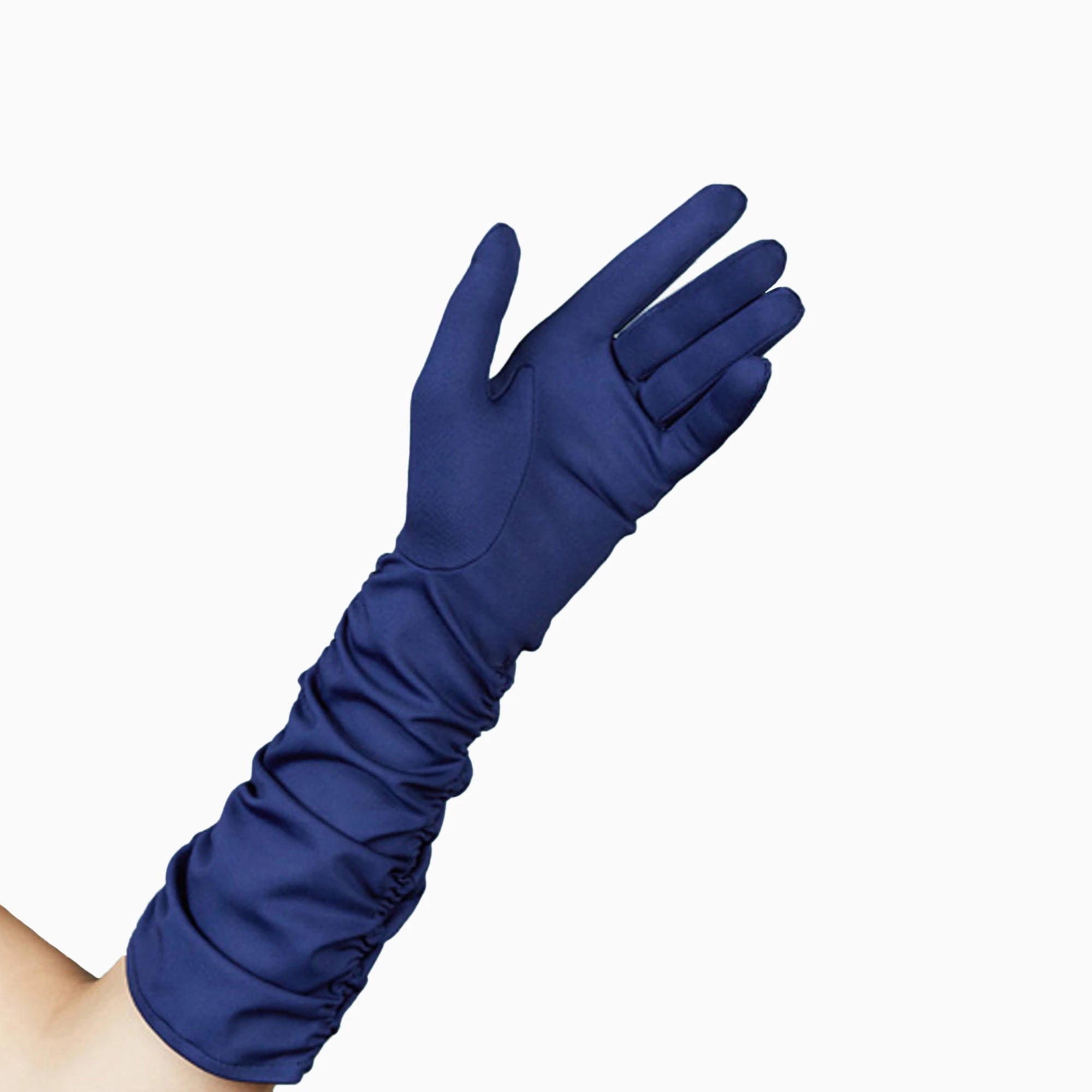 A woman&#39;s hand showing the Stefanie elbow length, dark blue gloves with palm open.