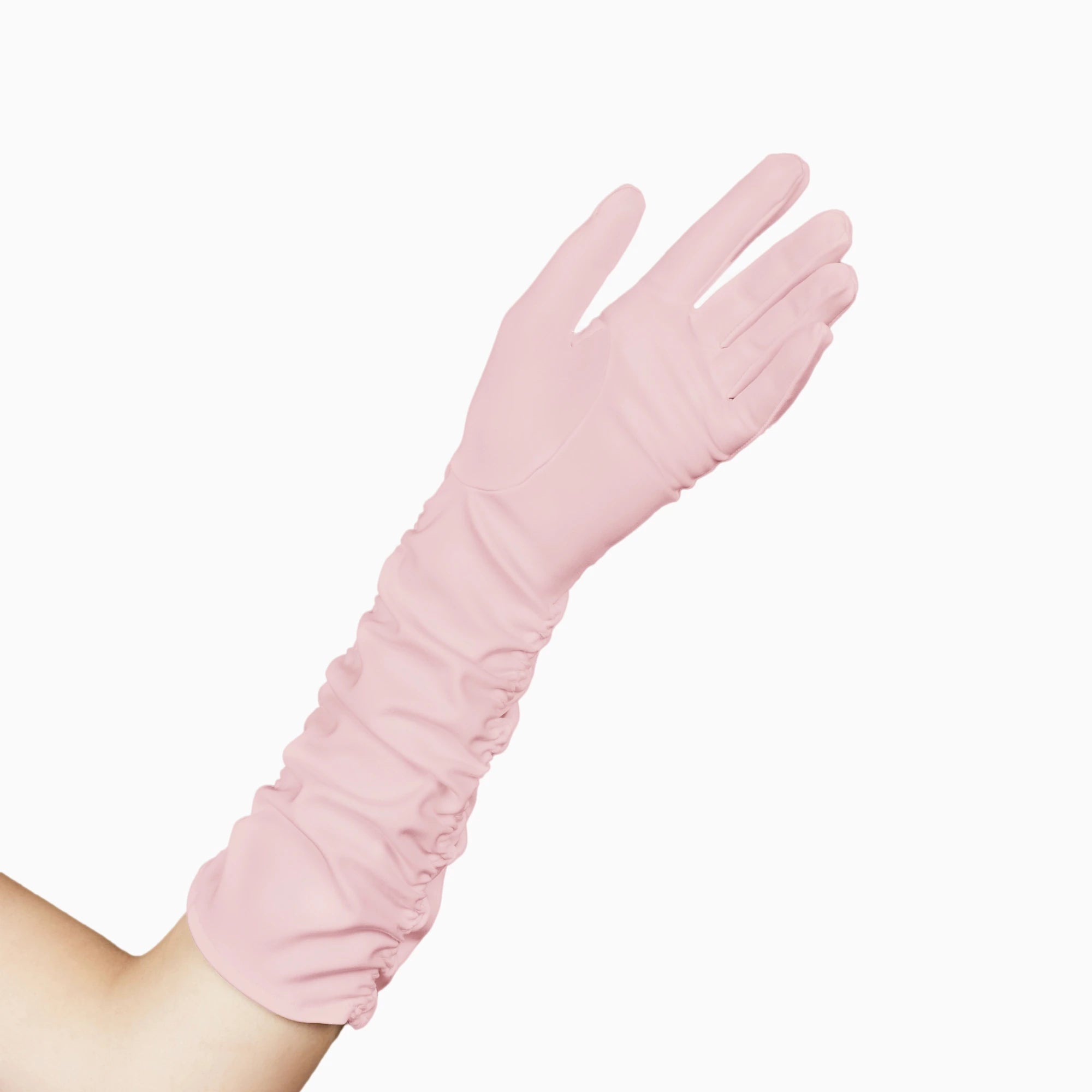 THE STEPHANIE Open palm of hand, wearing long, elbow length, pink gloves.