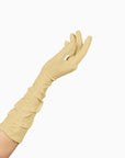 Stephanie, elbow length long yellow gloves.