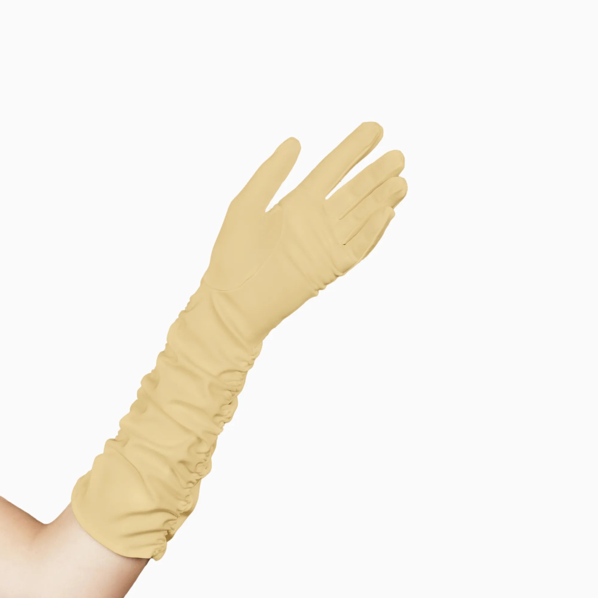 Stephanie, elbow length long gloves in yellow with an open palm.