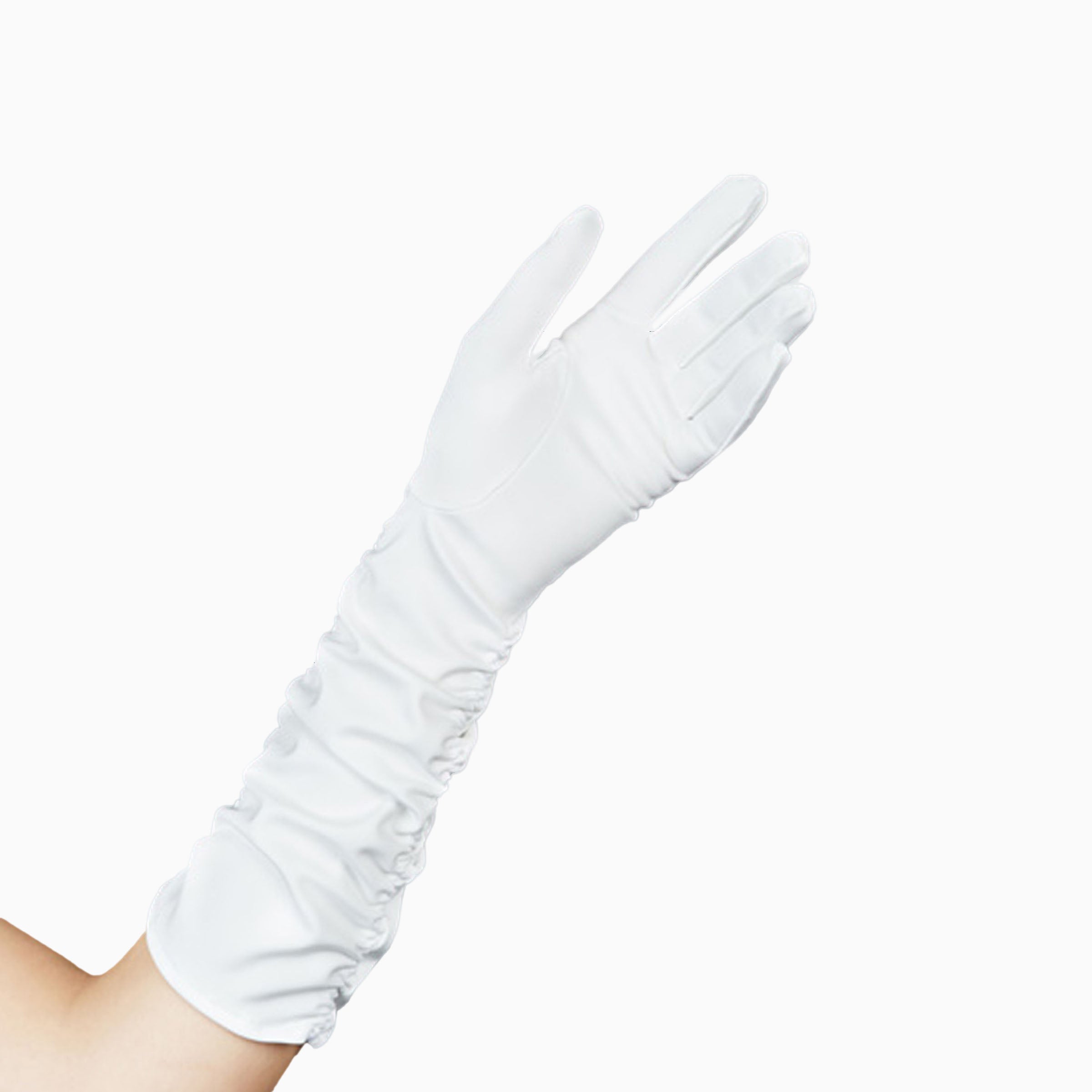 Open palm of THE STEPHANIE long elbow glove in white.