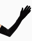 Womens' black velvet opera over the elbow gloves.