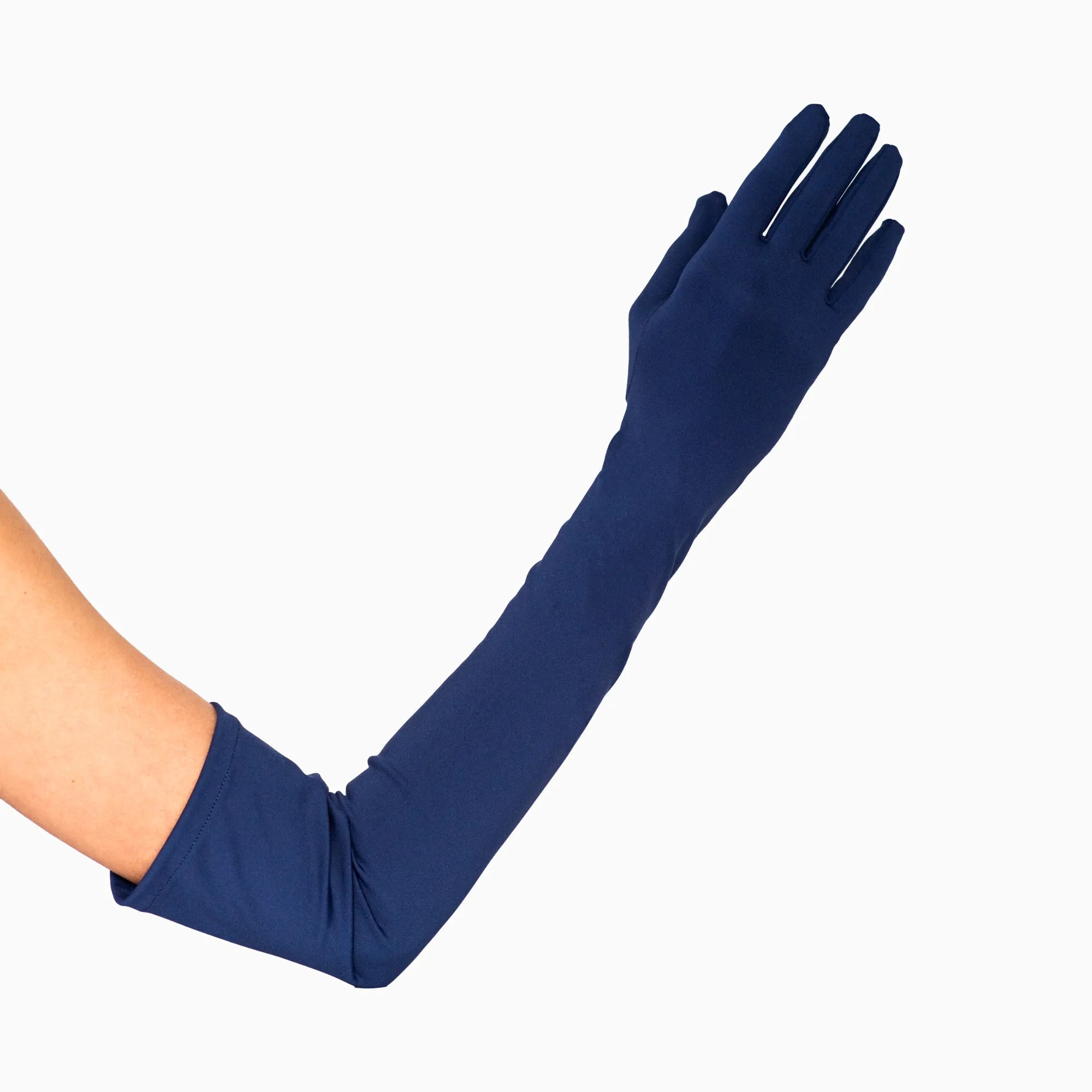 Hand wearing over the elbow blue opera womens glove.