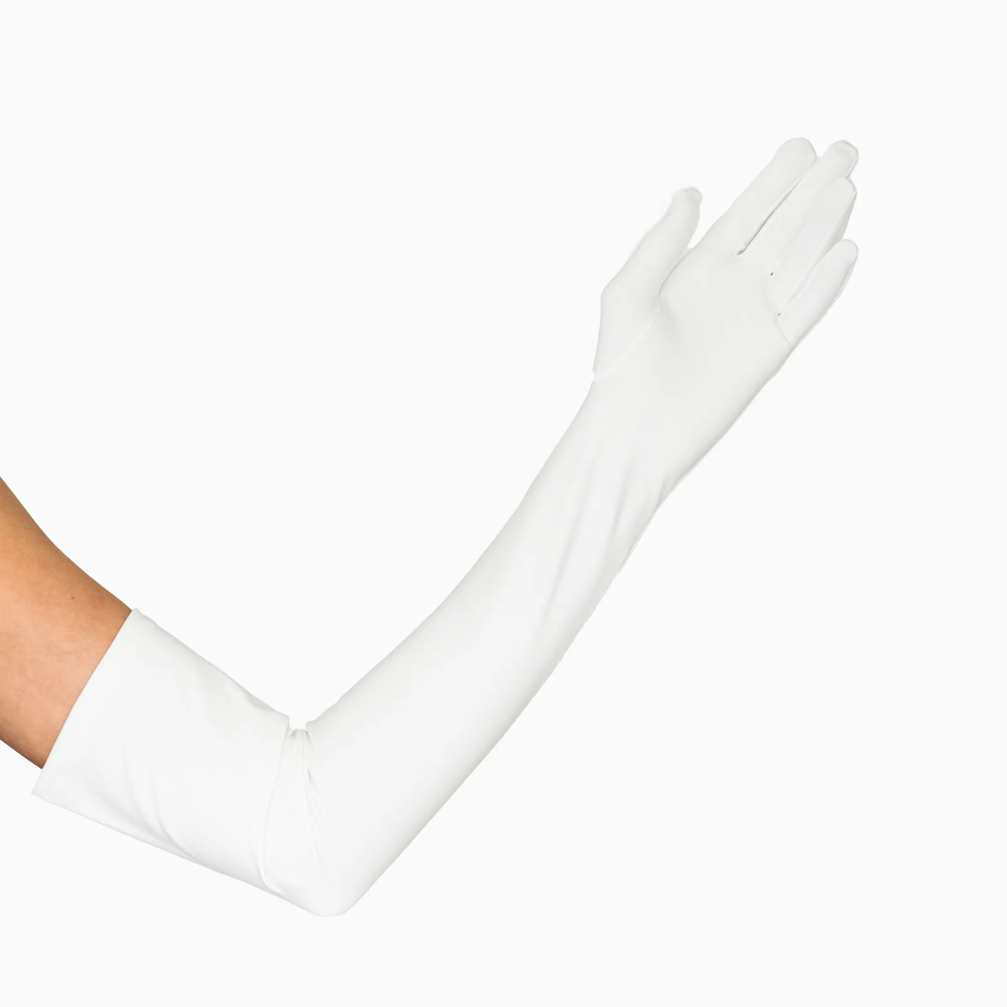 Woman's hand wearing a white over the elbow, traditional opera glove.
