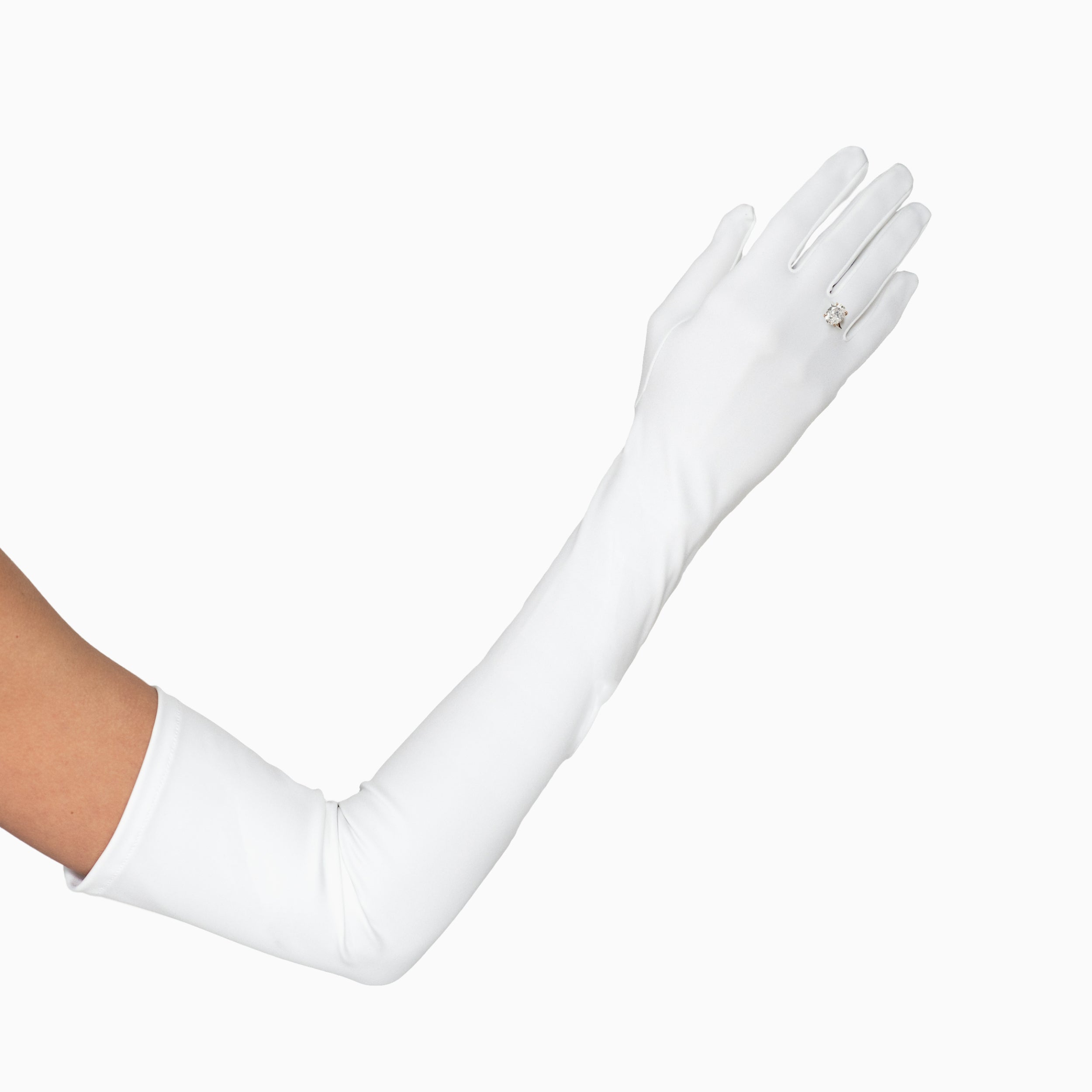 A single arm adorned with THE SUNNY - White Opera Gloves by LadyFinch against a white background, perfect for bridal parties.