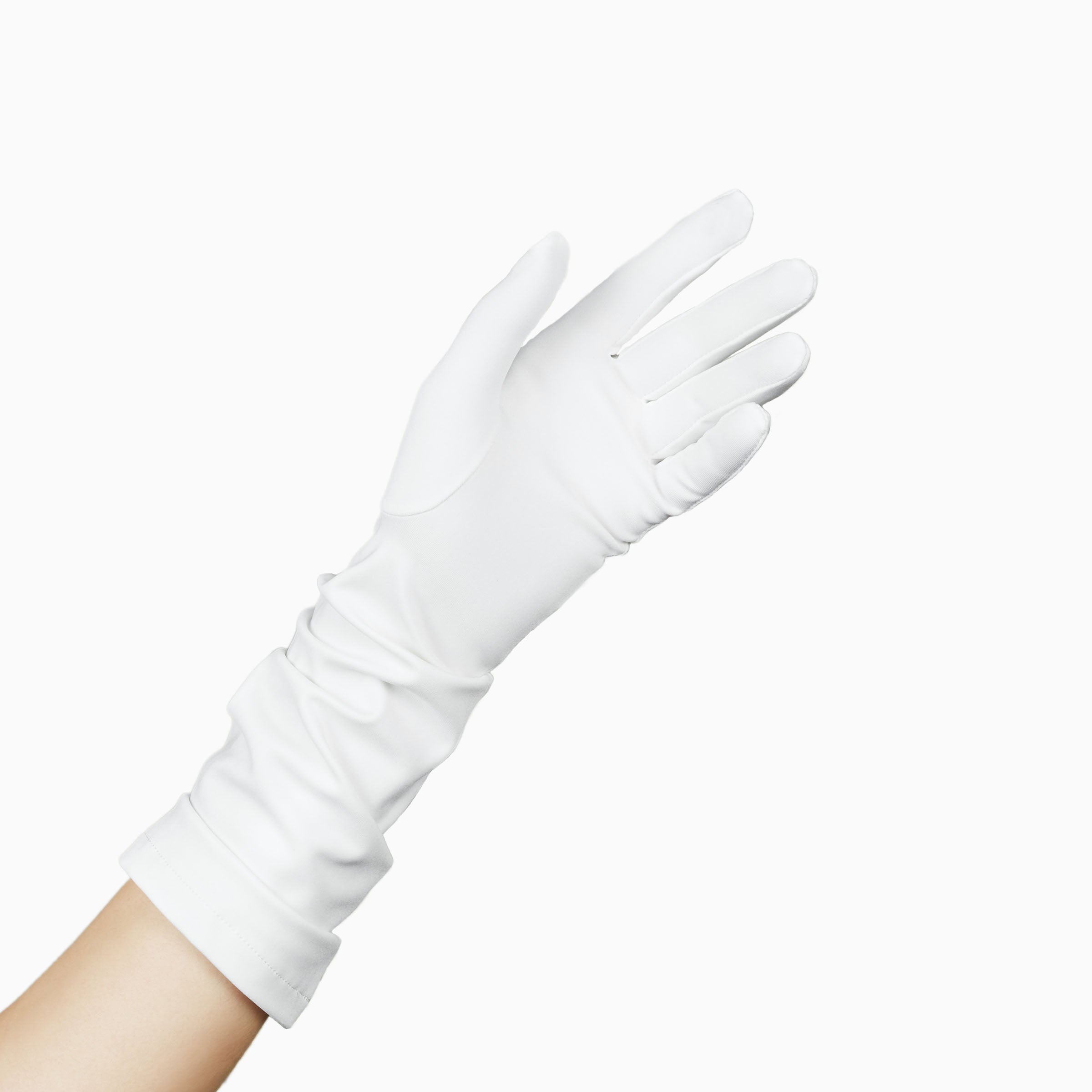THE JILL mid length glove in white, palm open.