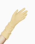 An elegant woman donning a pair of LadyFinch - THE JILL Yellow Mid Length Glove.