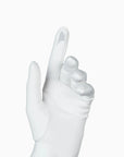 Over the elbow, opera white gloves with touchscreen technology friendly index finger.