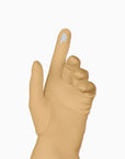 A minimalist 3d model of an elegant hand with a finger up, wearing THE JILL - Beige Mid Length Glove by LadyFinch. The hand has a pale complexion.