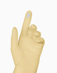 Touch screen, elbow length gloves in yellow with tech friendly index finger.