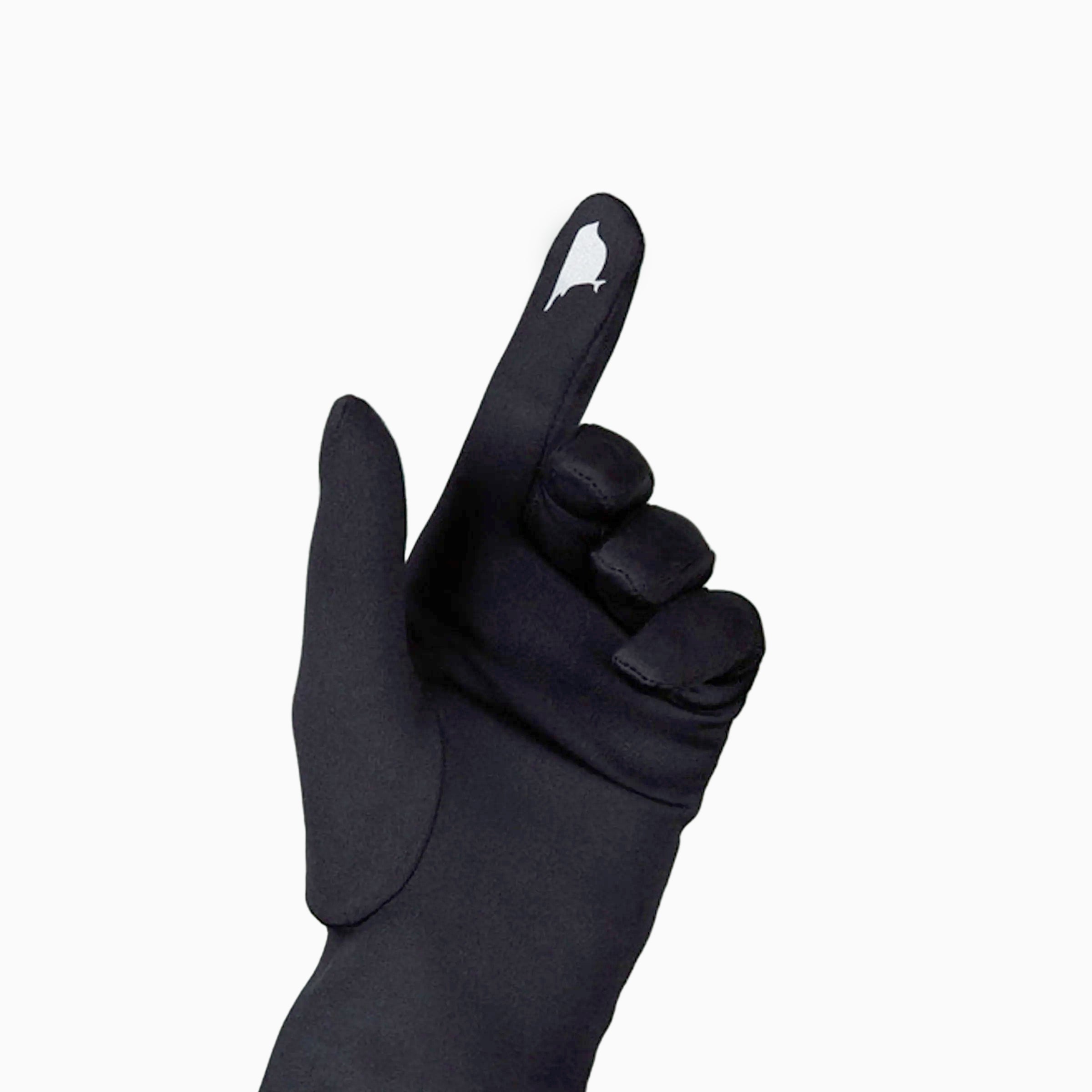 Black women's glove against white background showing technology friendly index finger.