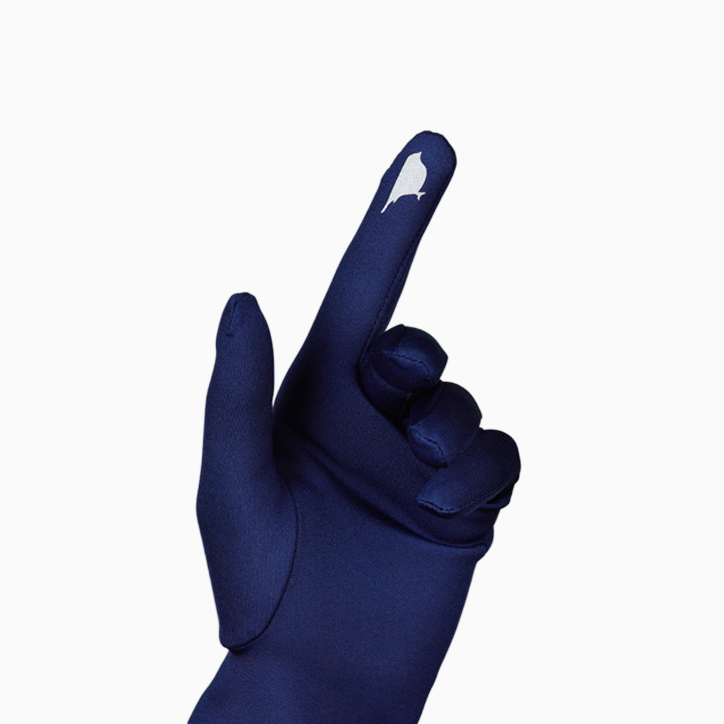 Blue women's glove against white background showing technology friendly index finger.
