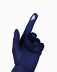 Blue women's glove against white background showing technology friendly index finger.