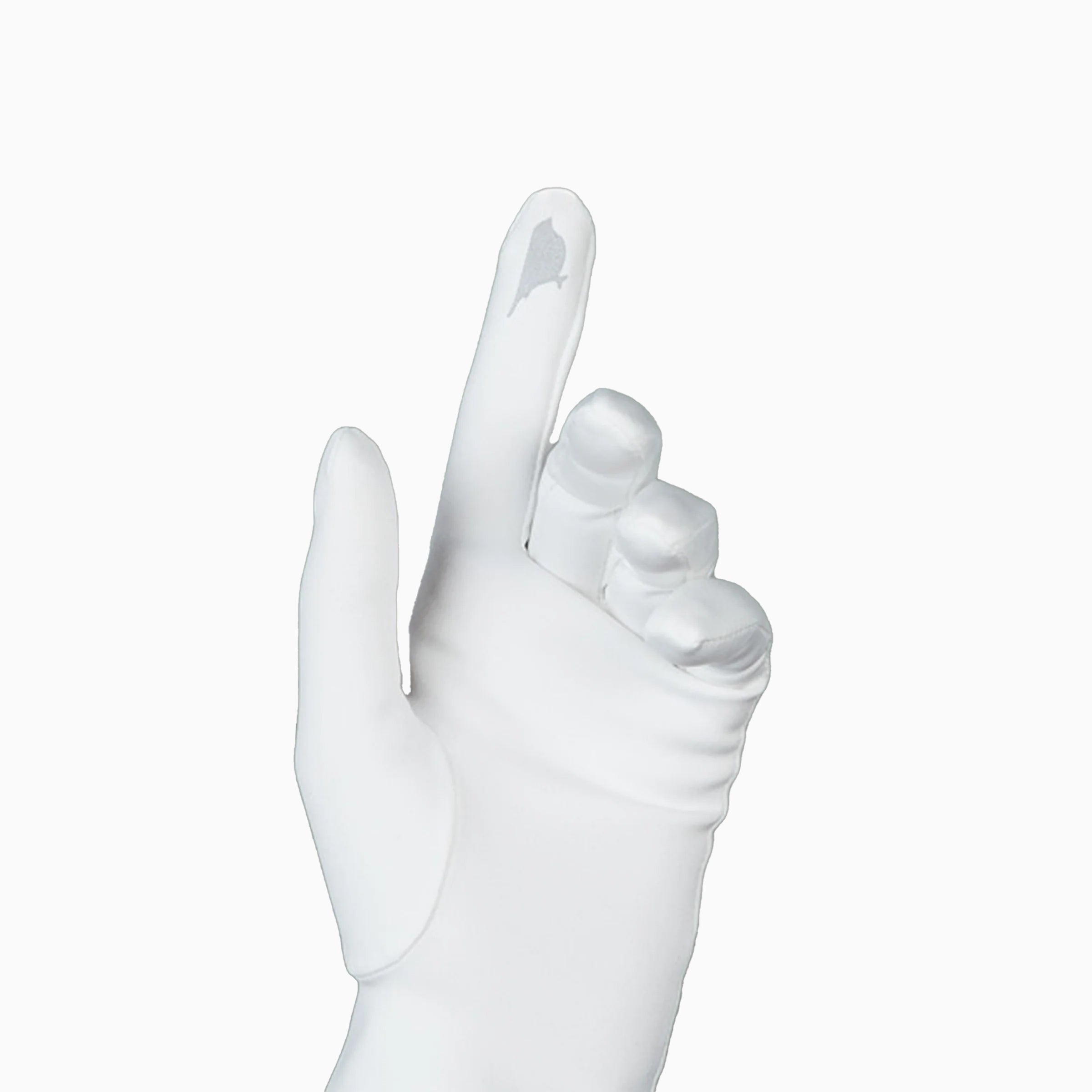 White women&#39;s glove against white background showing technology friendly index finger.