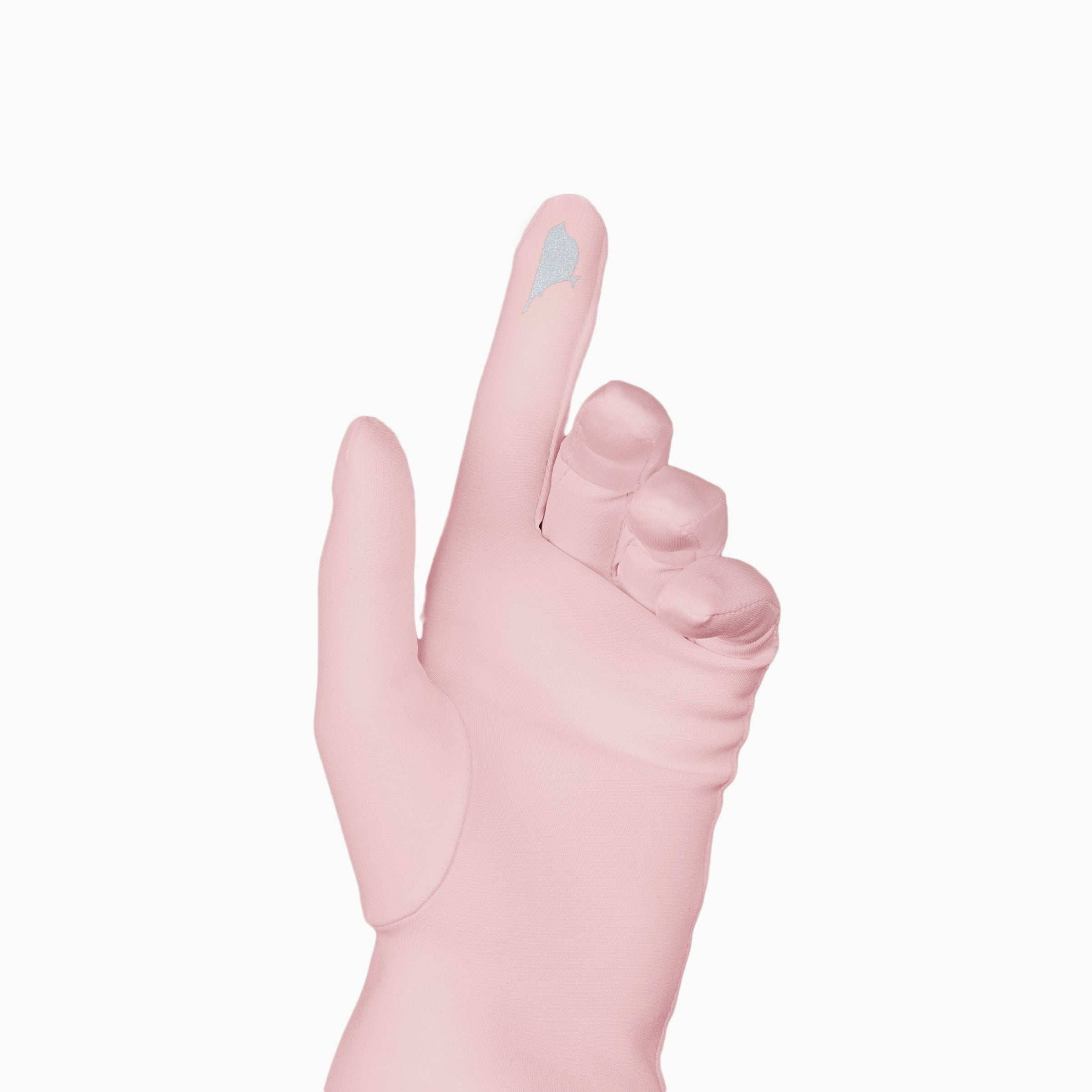 Pink women&#39;s glove against white background showing technology friendly index finger.