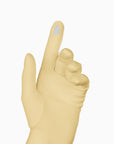 Yellow women's glove against white background showing technology friendly index finger.